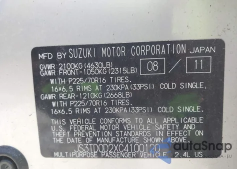 2012 Suzuki Grand Vitara Premium z USA, uszkodzony, nr VIN JS3TD0D2XC4100120